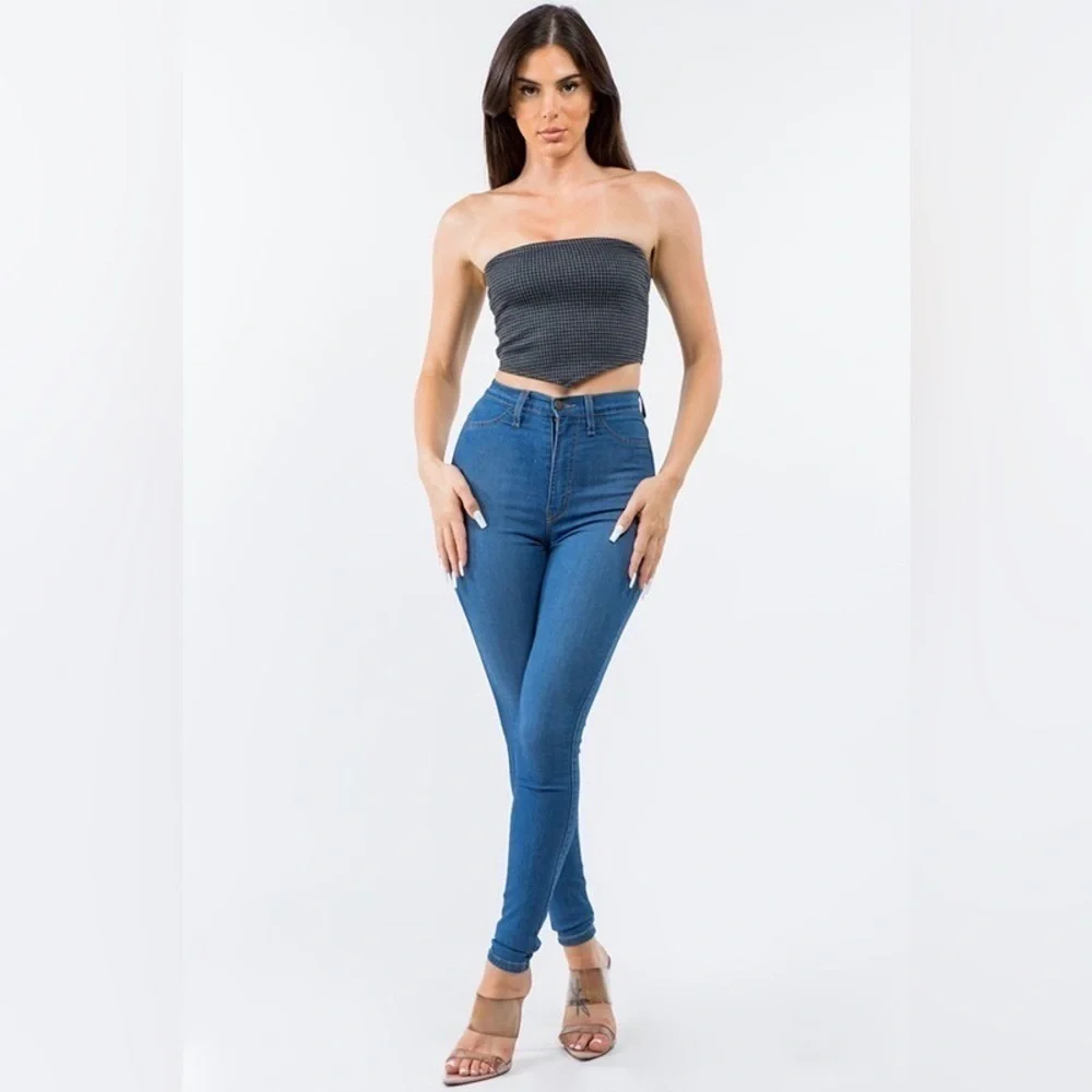 Bear Dance Houndstooth Print Crop Tube Top